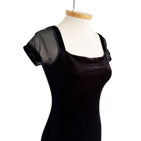 Necessary Objects Vintage Black Velvet Maxi Dress Mesh Cap Sleeve Square Neck M - Picture 3 of 9